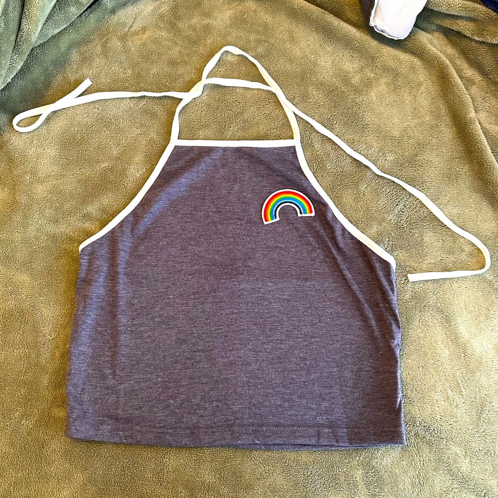 SweatyRocks Gray Tie-Neck Halter Top with Rainbow Patch & White Piping